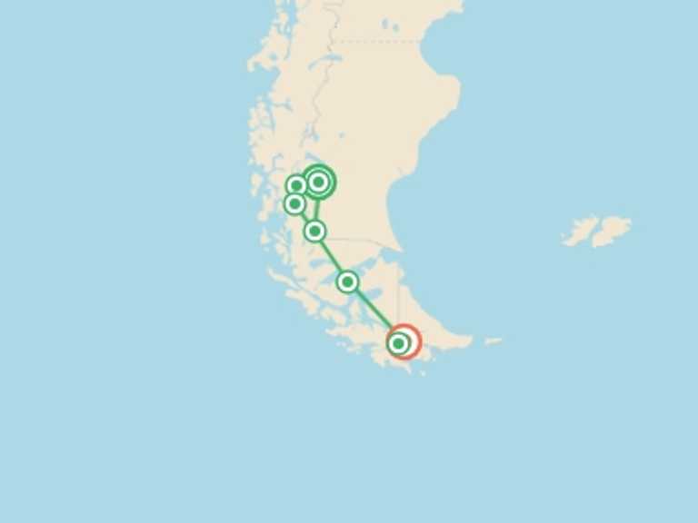 Map itinerary of Chile Tour in March 2026 with 9 destination visits for the trip: El Calafate, Torres del Paine & Ushuaia