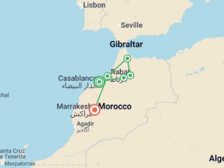 Map itinerary of Morocco Tour in September 2026 with 6 destination visits for the trip: Highlights of Morocco