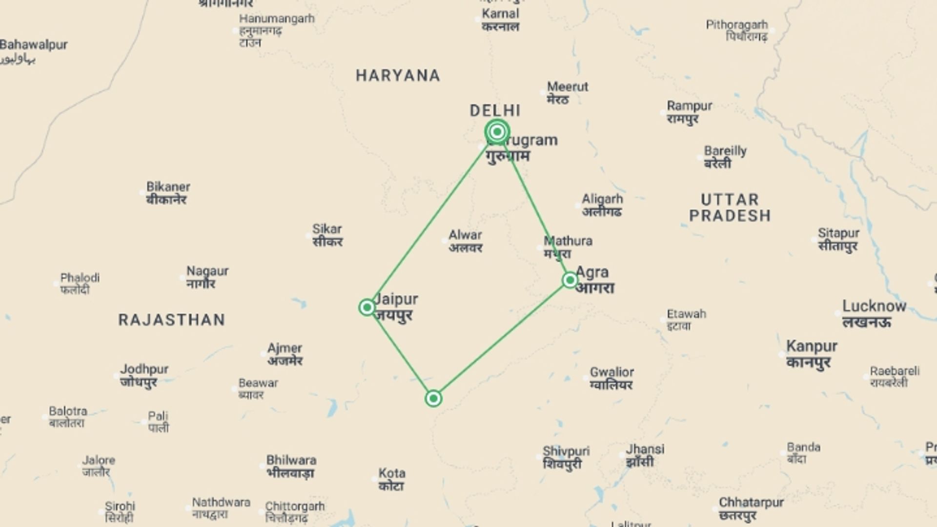 A map showing the tour itinerary for the trip: 08 Days Golden Triangle with Ranthambore Wildlife Safari, starting in North India, India and ending in North India, India going through 5 other destinations.