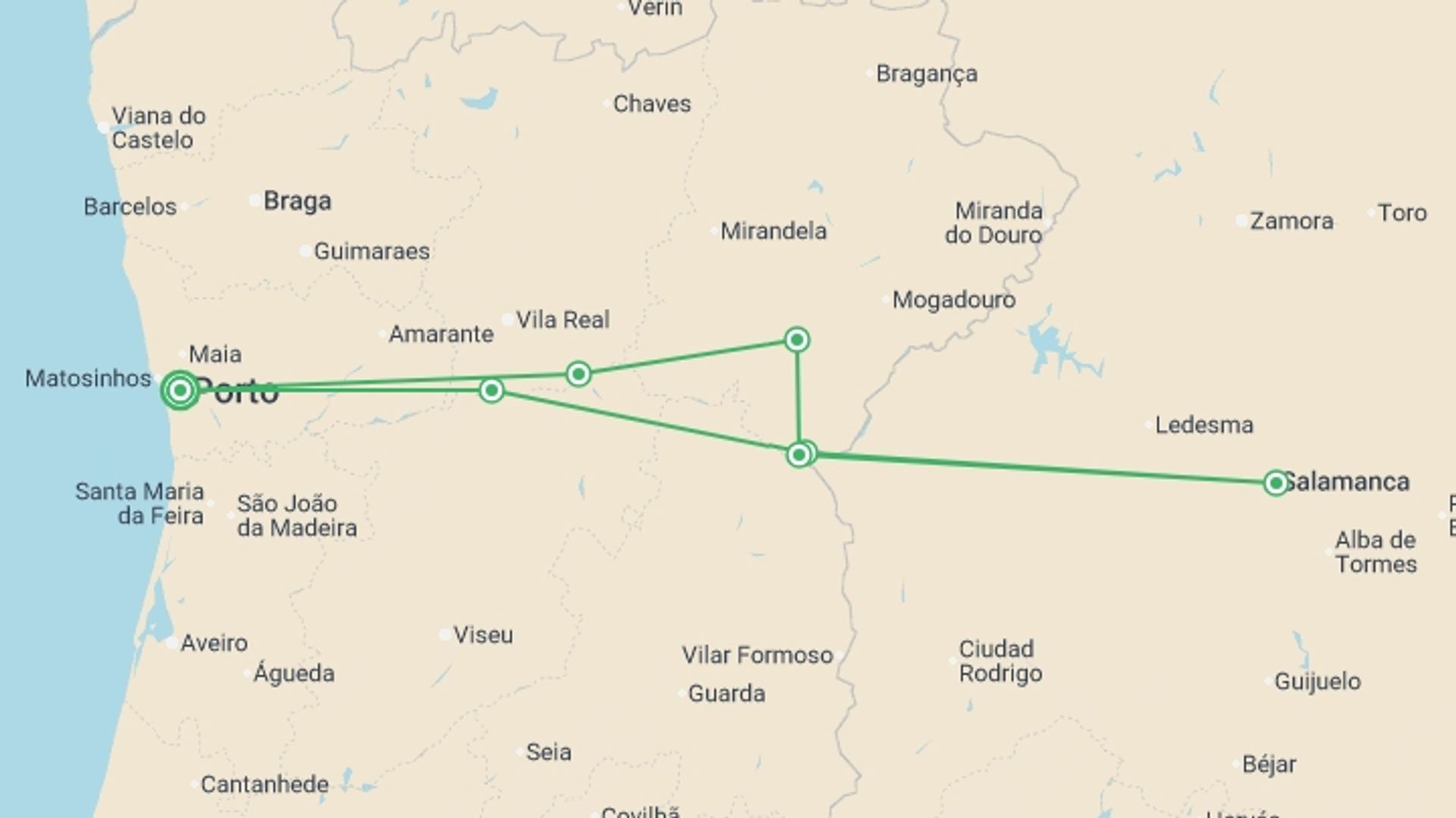 A map showing the tour itinerary for the trip: Family Club - From Portugal to Spain: Porto, the Douro Valley (Portugal) and Salamanca (Spain) (port-to-port cruise), starting in Porto, Portugal and ending in Porto, Portugal going through 5 other destinations.