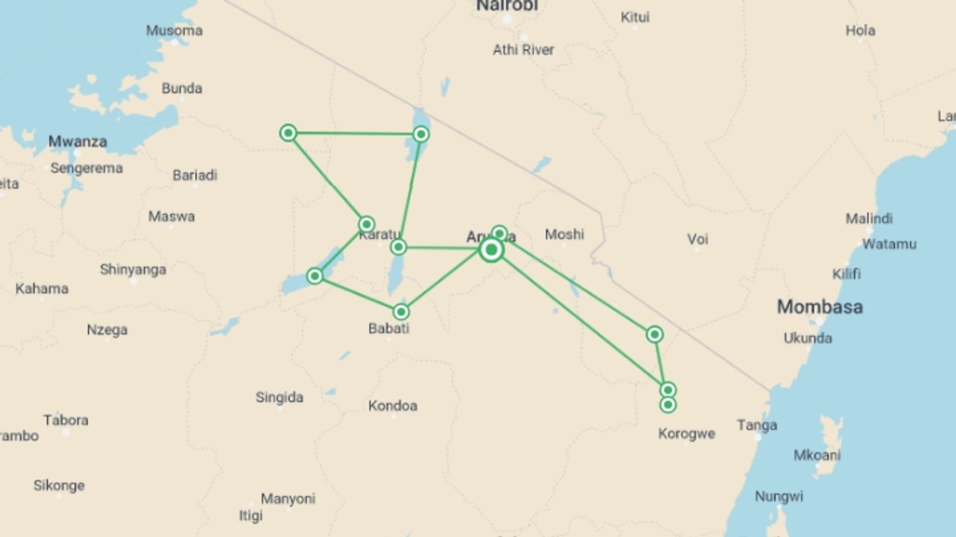 A map showing the tour itinerary for the trip: Tanzania Safari in Style, starting in Arusha, Tanzania and ending in Arusha, Tanzania going through 10 other destinations.