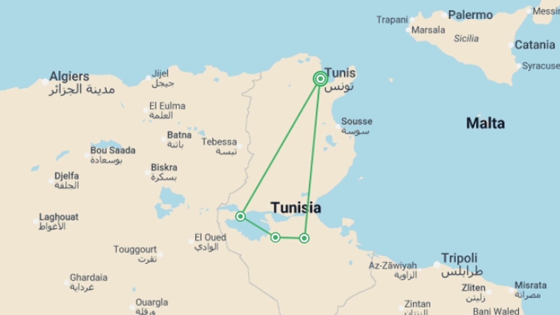 A map showing the tour itinerary for the trip: Tunisia Eclipse Adventure 2027, starting in Cape Town, South Africa and ending in Cape Town, South Africa going through 4 other destinations.