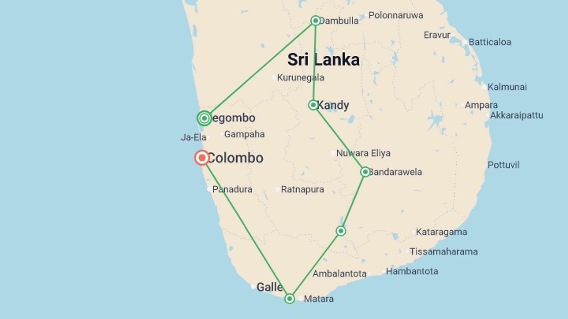 A map showing the tour itinerary for the trip: Sri Lanka Family Holiday, starting in Negombo, Sri Lanka and ending in Colombo, Sri Lanka going through 5 other destinations.