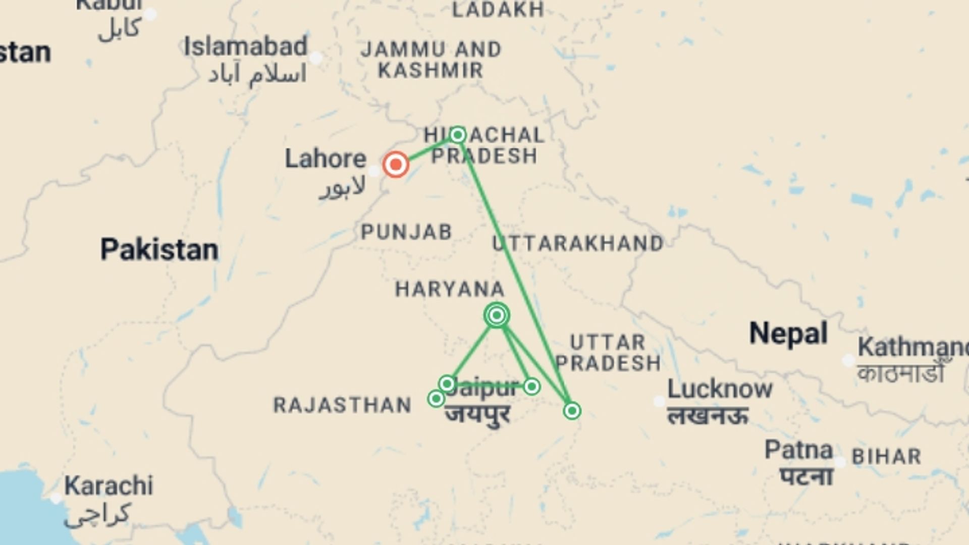 A map showing the tour itinerary for the trip: India Discovery: Golden Triangle & Himalayan Highlights, starting in New Delhi, India and ending in Amritsar, India going through 5 other destinations.