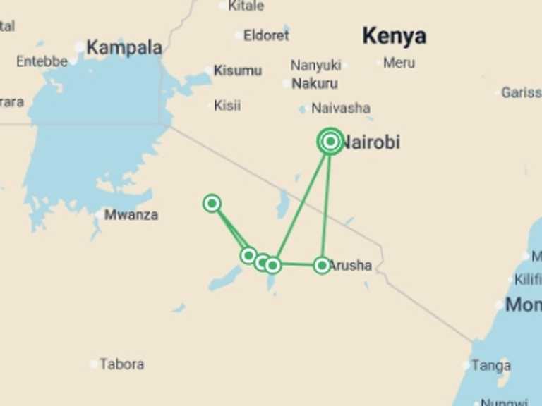 Map itinerary of Kenya Tour in Winter with 5 destination visits for the trip: Tanzania Family Safari