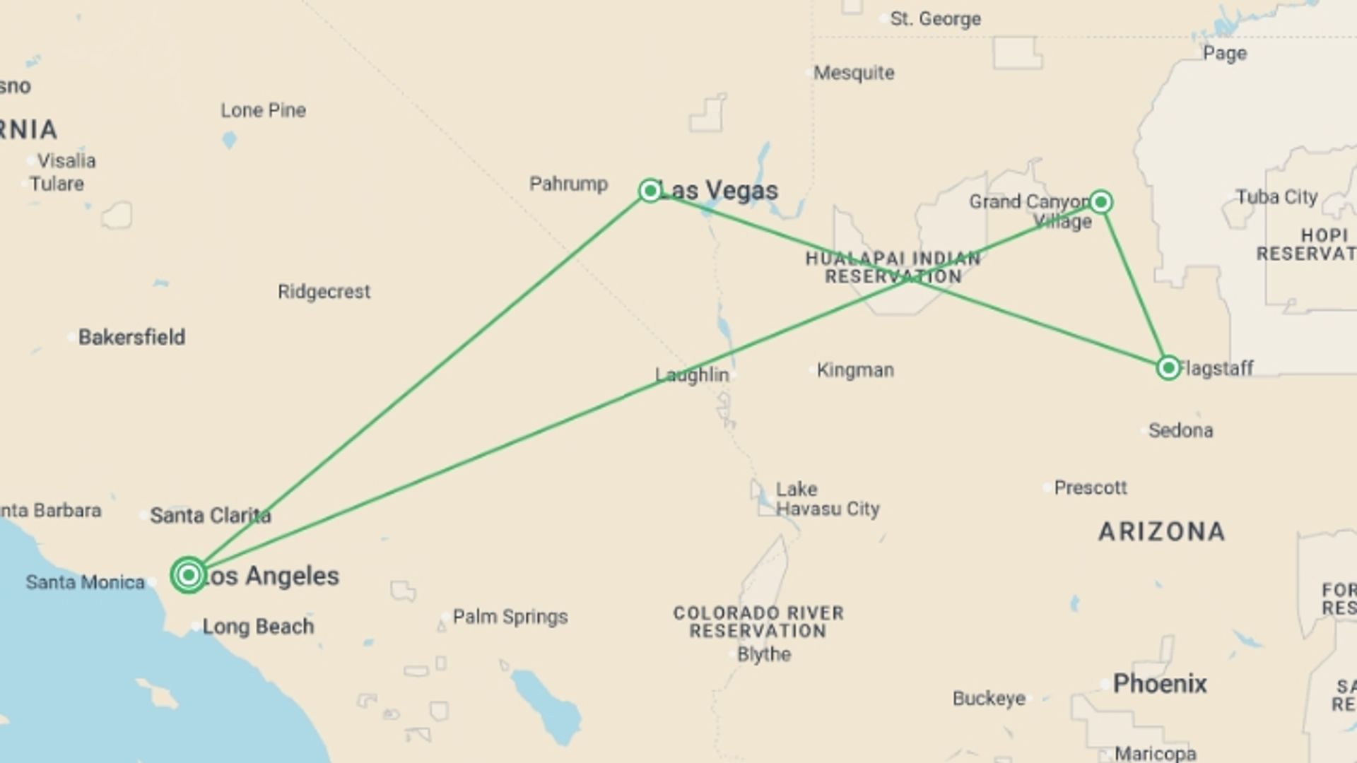 A map showing the tour itinerary for the trip: Western Classics, starting in Los Angeles, USA and ending in Los Angeles, USA going through 2 other destinations.