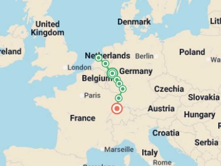 Map itinerary of Europe Tour in Fall with 9 destination visits for the trip: Picturesque Solo Rhine Cruise