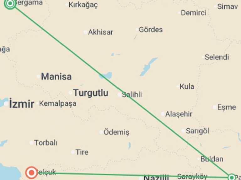 Map itinerary of Turkey Tour in March 2027 with 4 destination visits for the trip: 3 Days - Seven Churches Of Revelation - Private / Mini Group Tour