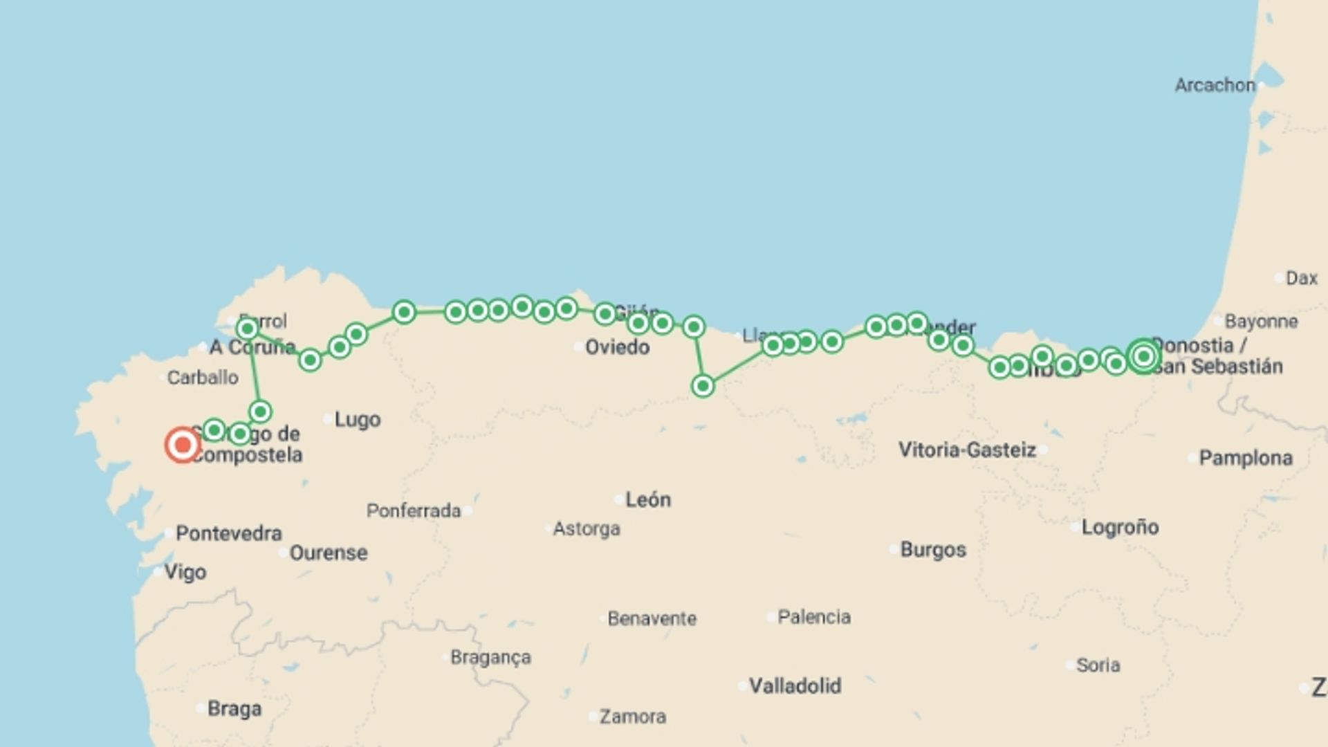 A map showing the tour itinerary for the trip: Full Camino Norte, starting in San Sebastian, Spain and ending in Santiago De Compostela, Spain going through 34 other destinations.