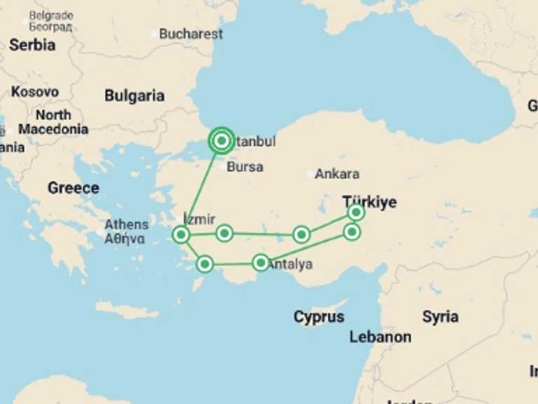 Map itinerary of Pamukkale Tour in October 2026 with 8 destination visits for the trip: Aegean Dream