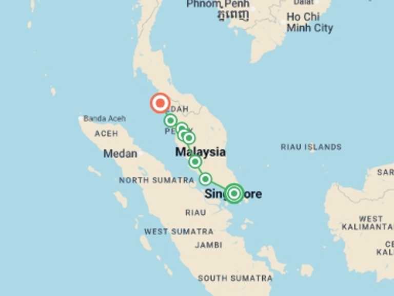 Map itinerary of Asia Tour in October 2026 with 7 destination visits for the trip: Malaysia and Singapore Explorer