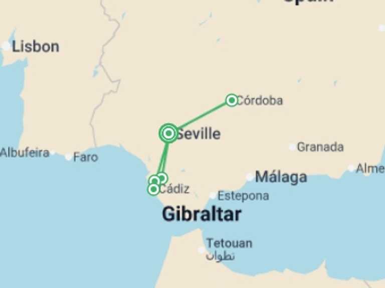 Map of Europe Tour with 3 destination visits for the trip: Andalusian Christmas (port-to-port cruise)
