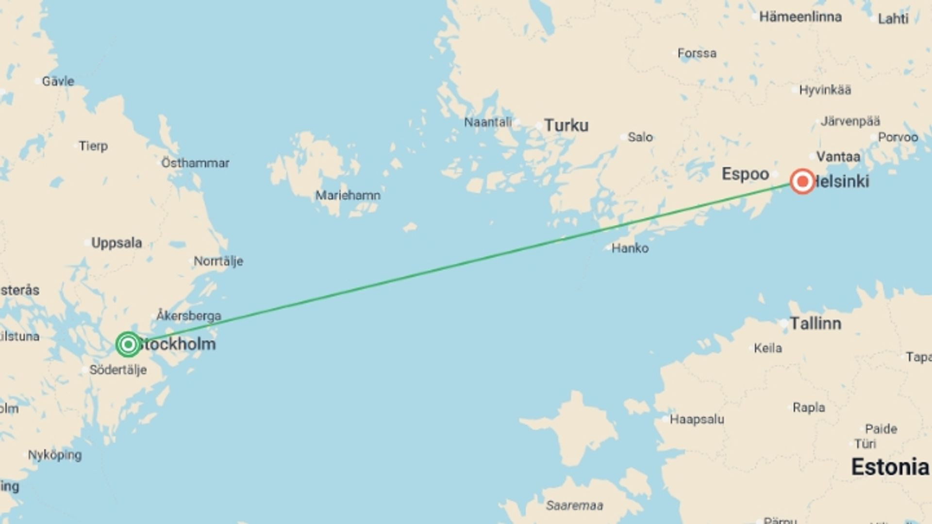 A map showing the tour itinerary for the trip: New Year on the Baltic Sea from Stockholm (5 Star) - 4 days, starting in Stockholm, Sweden and ending in Helsinki, Finland going through 0 other destinations.