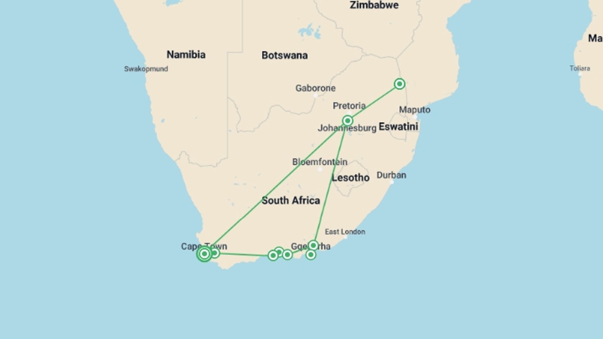 A map showing the tour itinerary for the trip: Ultimate South Africa, starting in Cape Town, South Africa and ending in Cape Town, South Africa going through 8 other destinations.
