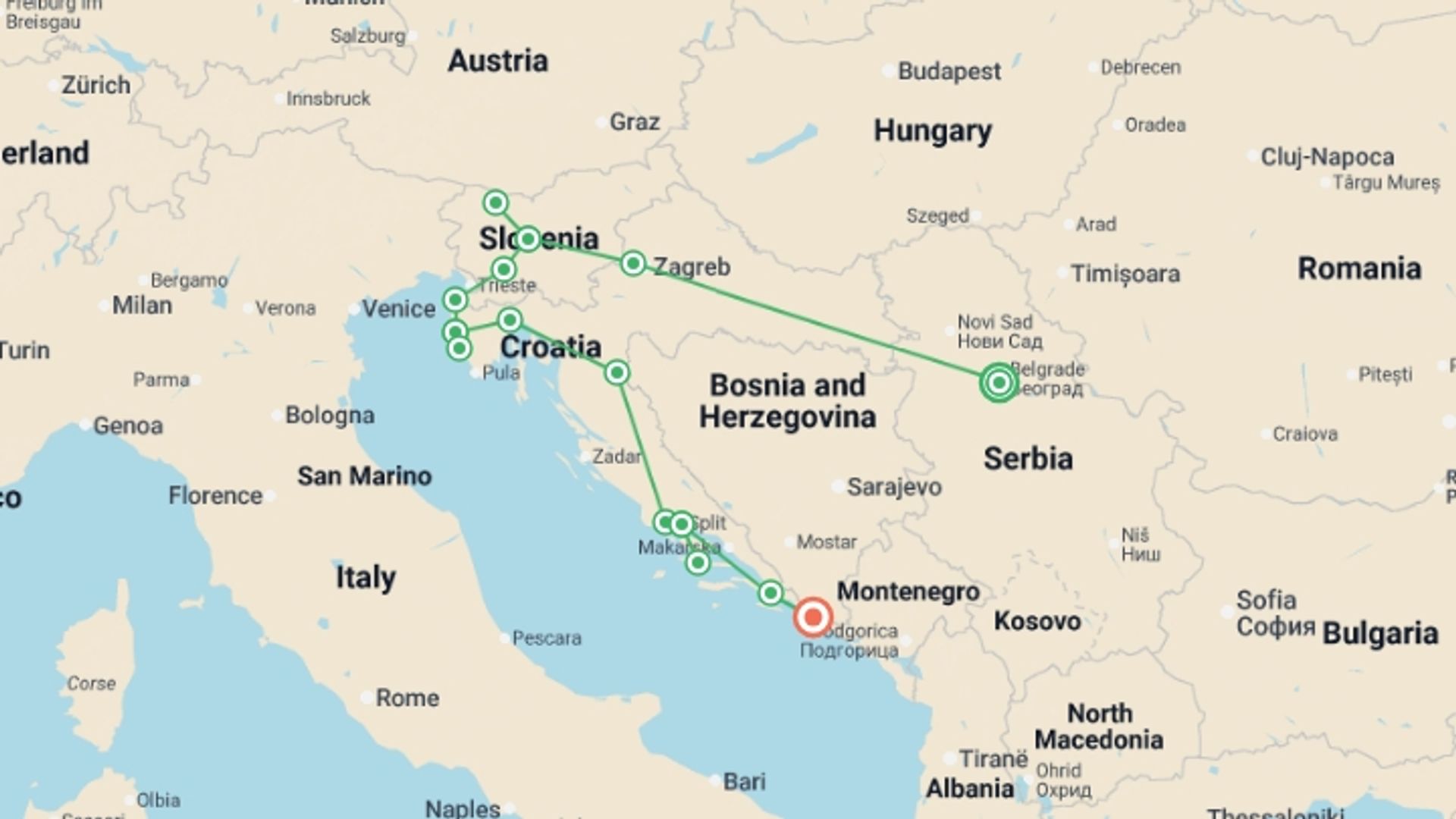 A map showing the tour itinerary for the trip: Belgrade to Dubrovnik - 13 days, starting in Belgrade, Serbia and ending in Dubrovnik, Croatia going through 5 other destinations.