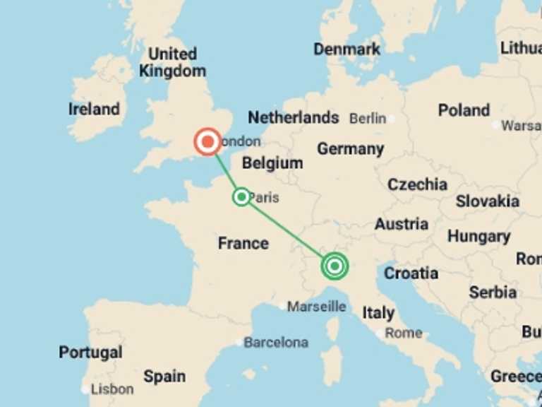 Map of Europe Tour with 3 destination visits for the trip: The Romance of Rail: Italy to England