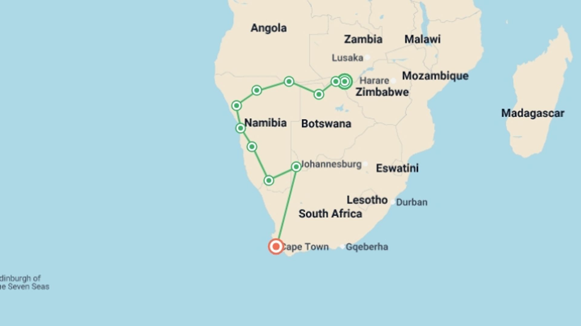 A map showing the tour itinerary for the trip: Victoria Falls to Table Mountain - 20 days, starting in Victoria Falls, Zimbabwe and ending in Cape Town, South Africa going through 9 other destinations.