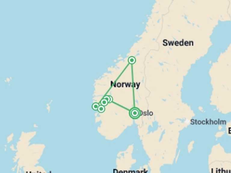 Map of 9-Day Europe Tour with 5 destination visits for the trip: Fjords, Cruise & Coast - 9 days
