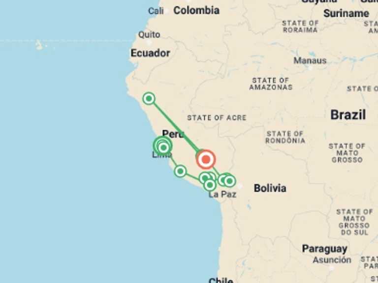 Map of Lima Active and outdoor Tour with 15 destination visits for the trip: Peru In Depth and the Inca Trail