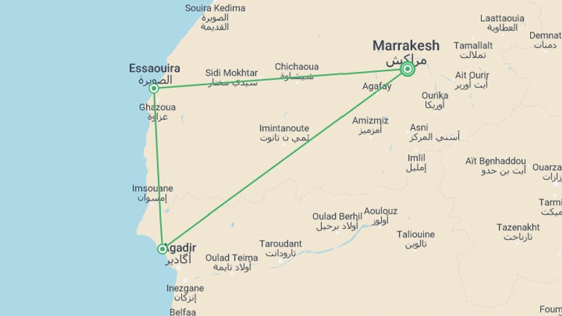 A map showing the tour itinerary for the trip: Coastal Morocco: Waves & Market Stalls, starting in Marrakech, Morocco and ending in Marrakech, Morocco going through 2 other destinations.