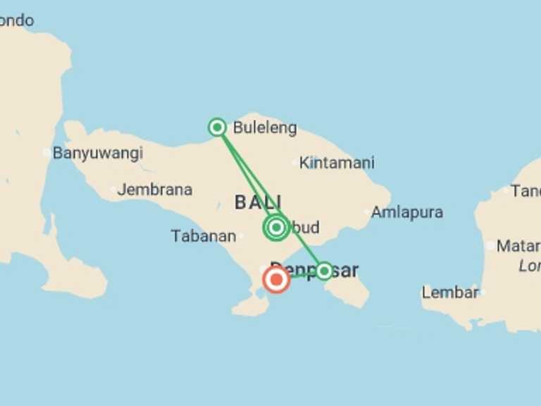 Map of Indonesia Tour with 4 destination visits for the trip: Solo-ish Bali