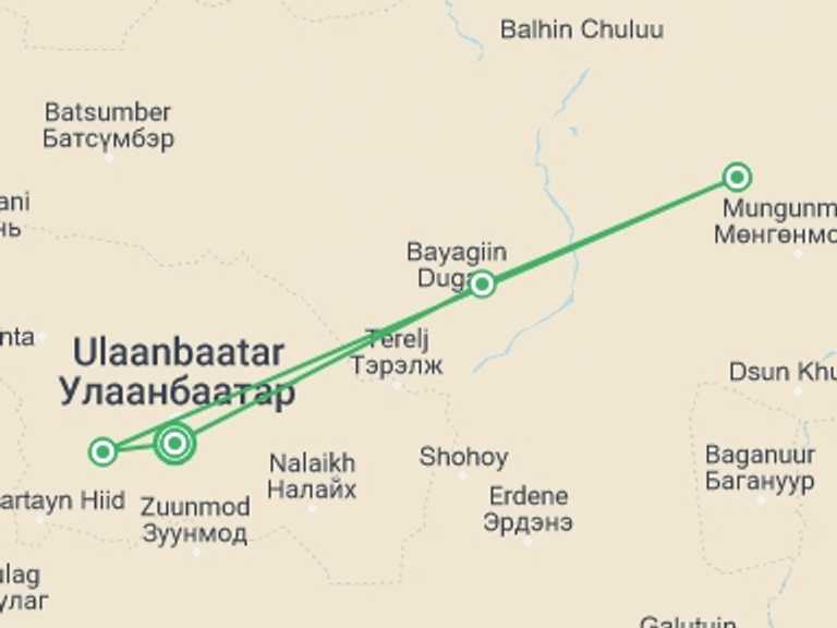 Map of Ulaanbaatar Tour with 4 destination visits for the trip: Mongolian Steppe Adventure