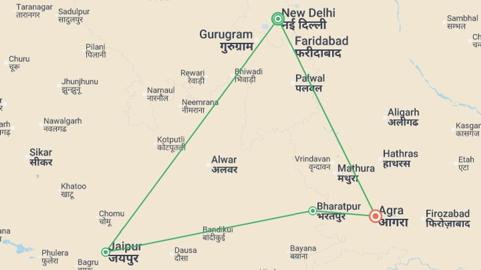 A map showing the tour itinerary for the trip: India Golden Triangle Premium Tour with Bharatpur, starting in New Delhi, India and ending in Agra, India going through 2 other destinations.