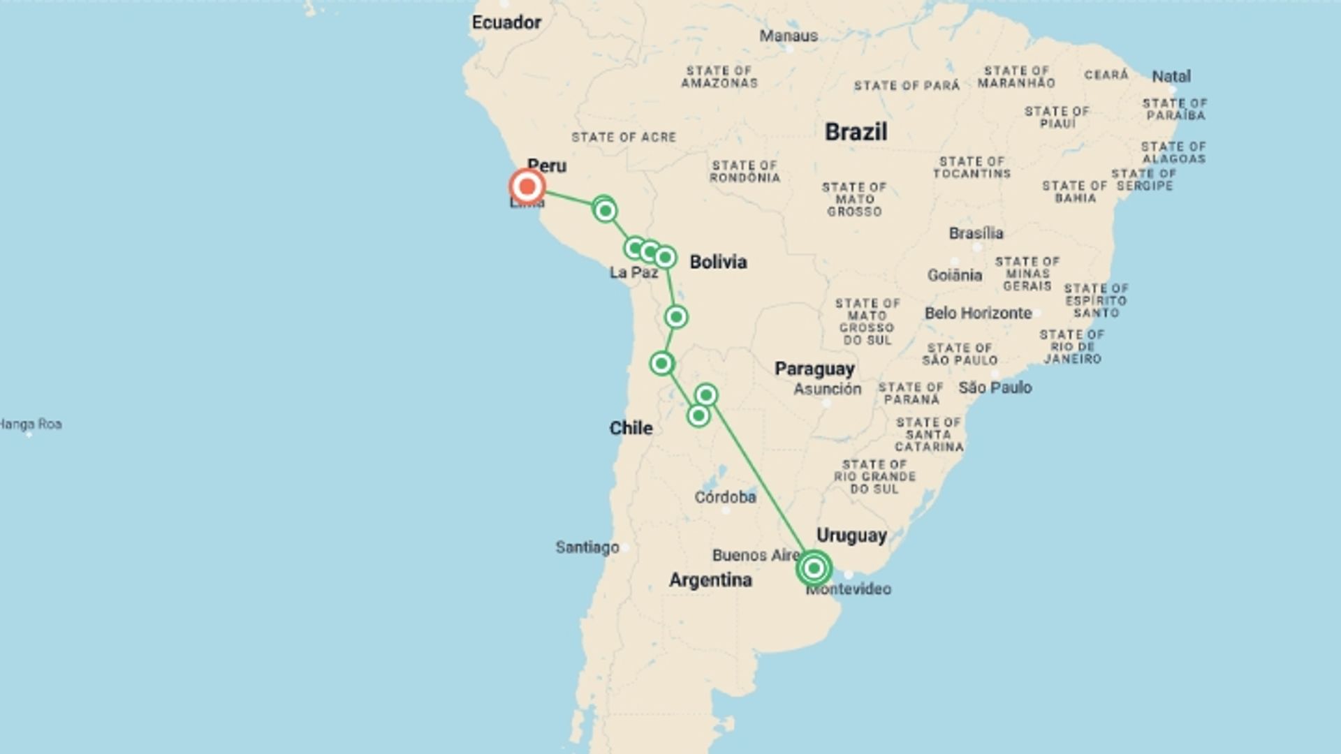 A map showing the tour itinerary for the trip: Argentina, Atacama & Andes - 20 days, starting in Buenos Aires, Argentina and ending in Lima, Peru going through 7 other destinations.