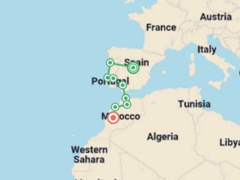 Map itinerary of Africa Tour in September 2026 with 8 destination visits for the trip: Spain, Portugal, and Morocco Adventure