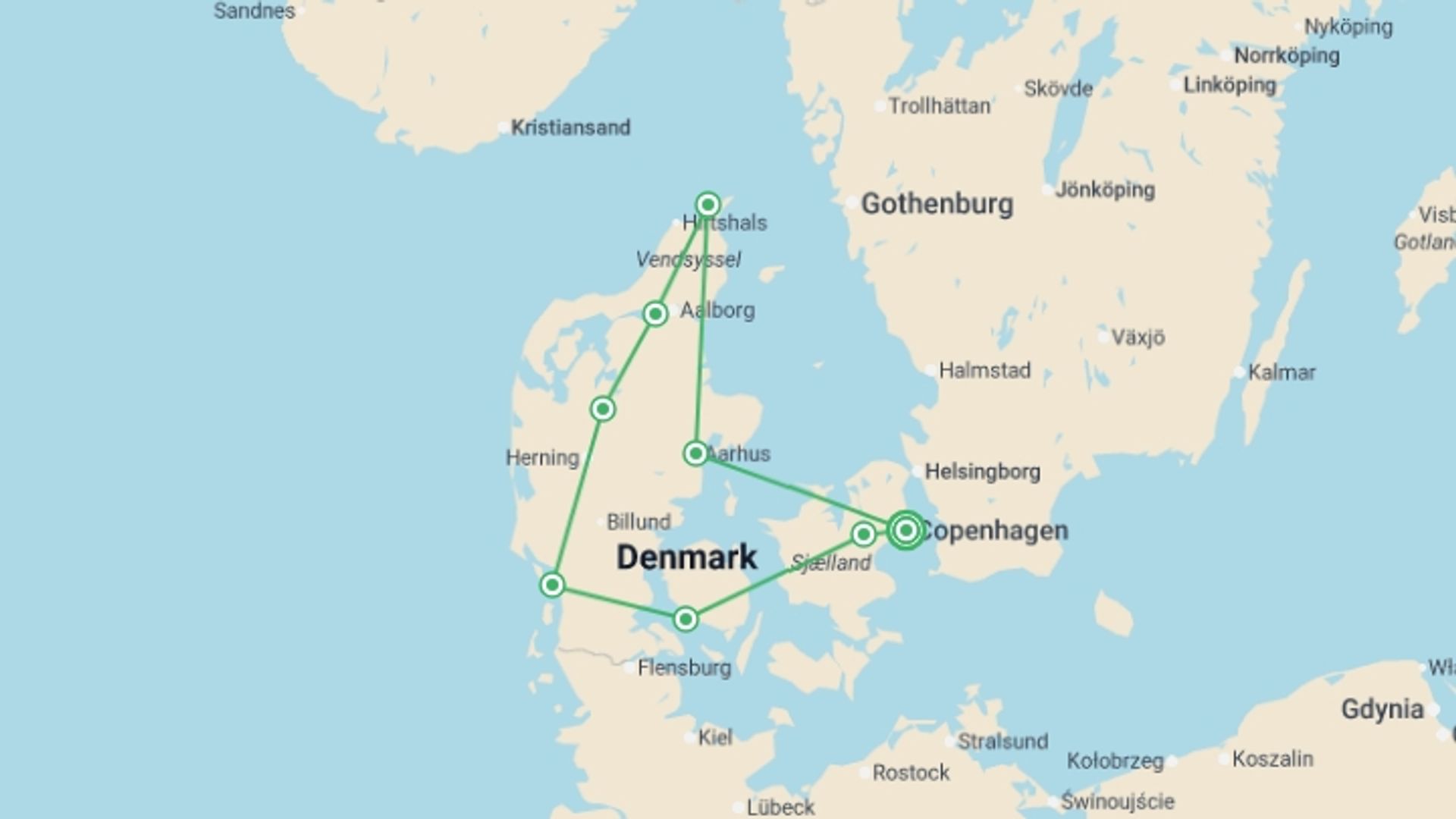 A map showing the tour itinerary for the trip: Denmark Self Drive - 9 days, starting in Copenhagen, Denmark and ending in Copenhagen, Denmark going through 5 other destinations.
