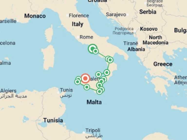 Map itinerary of Italy Tour in August 2027 with 12 destination visits for the trip: Highlights of Calabria & Sicily