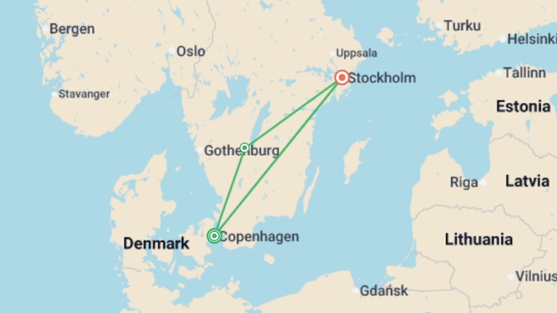 A map showing the tour itinerary for the trip: Jewels of Scandinavia, starting in Copenhagen, Denmark and ending in Stockholm, Sweden going through 0 other destinations.