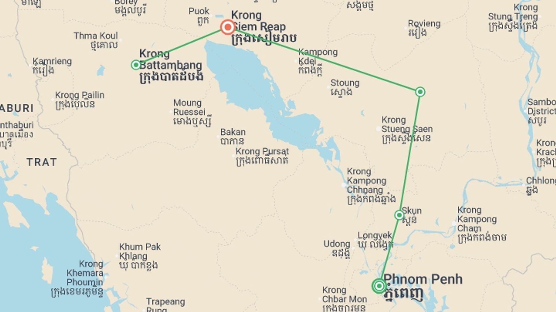A map showing the tour itinerary for the trip: Captivating Cambodia - 9 days, starting in Phnom Penh, Cambodia and ending in Siem Reap, Cambodia going through 2 other destinations.