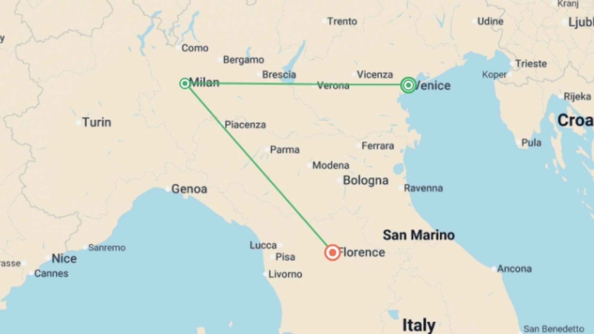A map showing the tour itinerary for the trip: In The Footsteps Of Leonardo: 7 Days From Venice To Florence, Private Tour, starting in Venice, Italy and ending in Florence, Italy going through 1 other destinations.