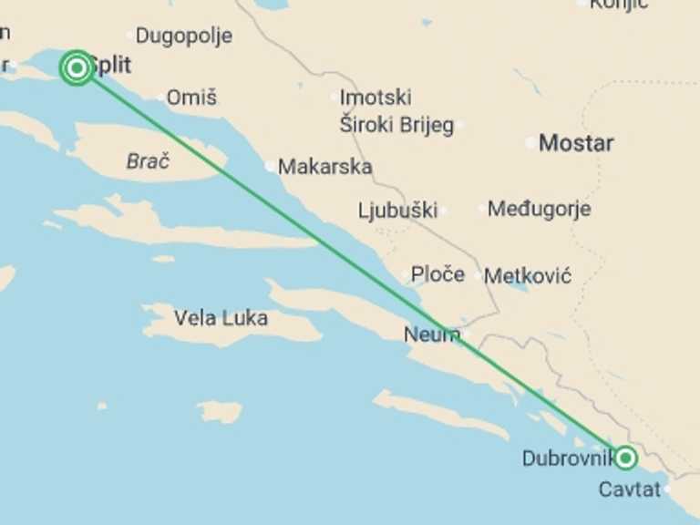 Map itinerary of Balkans Tour in May 2026 with 2 destination visits for the trip: Split & Dubrovnik Discovery: Croatia’s Coastal Gem