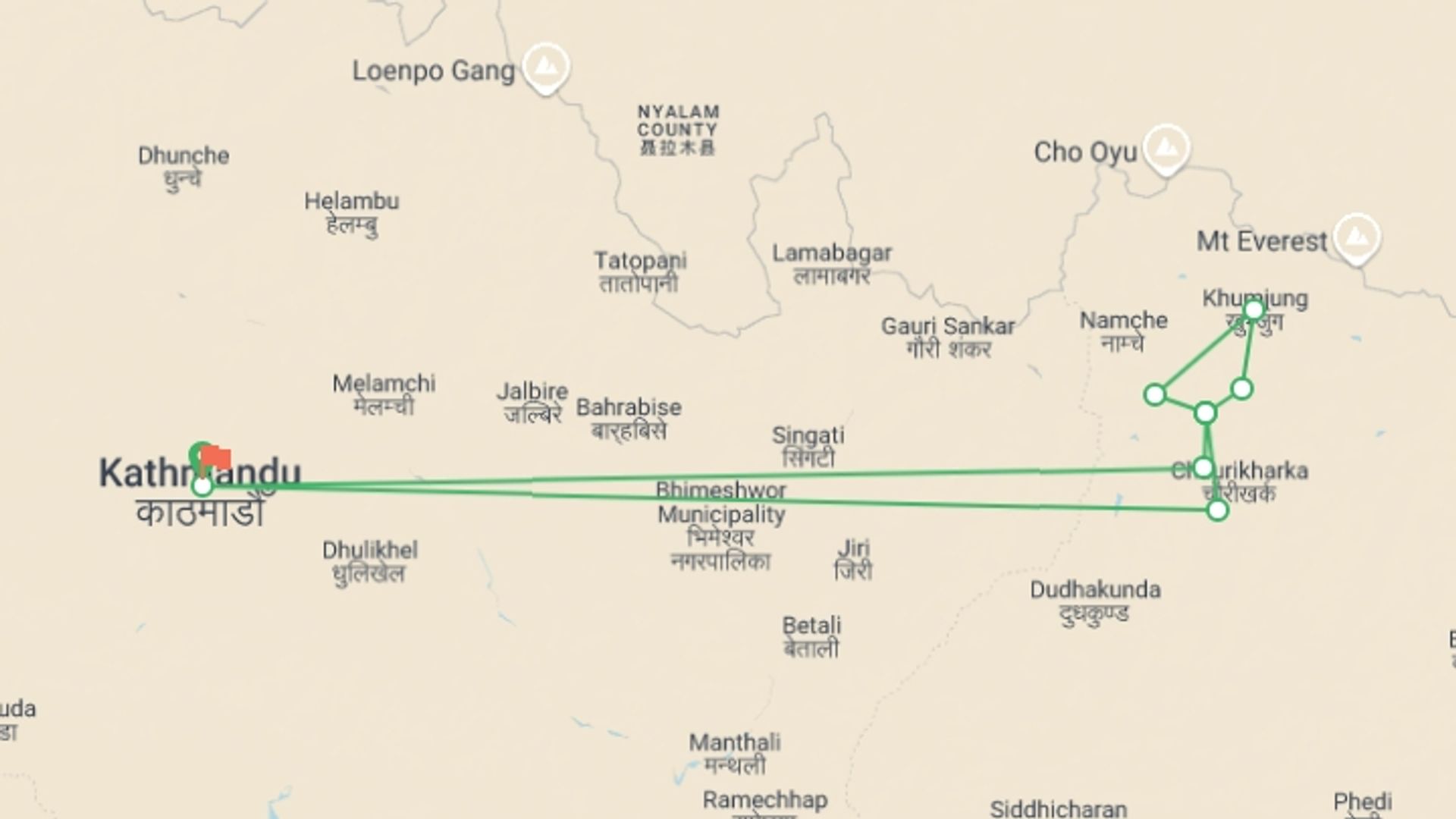 A map showing the tour itinerary for the trip: Everest Panorama trek , starting in Kathmandu, Nepal and ending in Kathmandu, Nepal going through 7 other destinations.