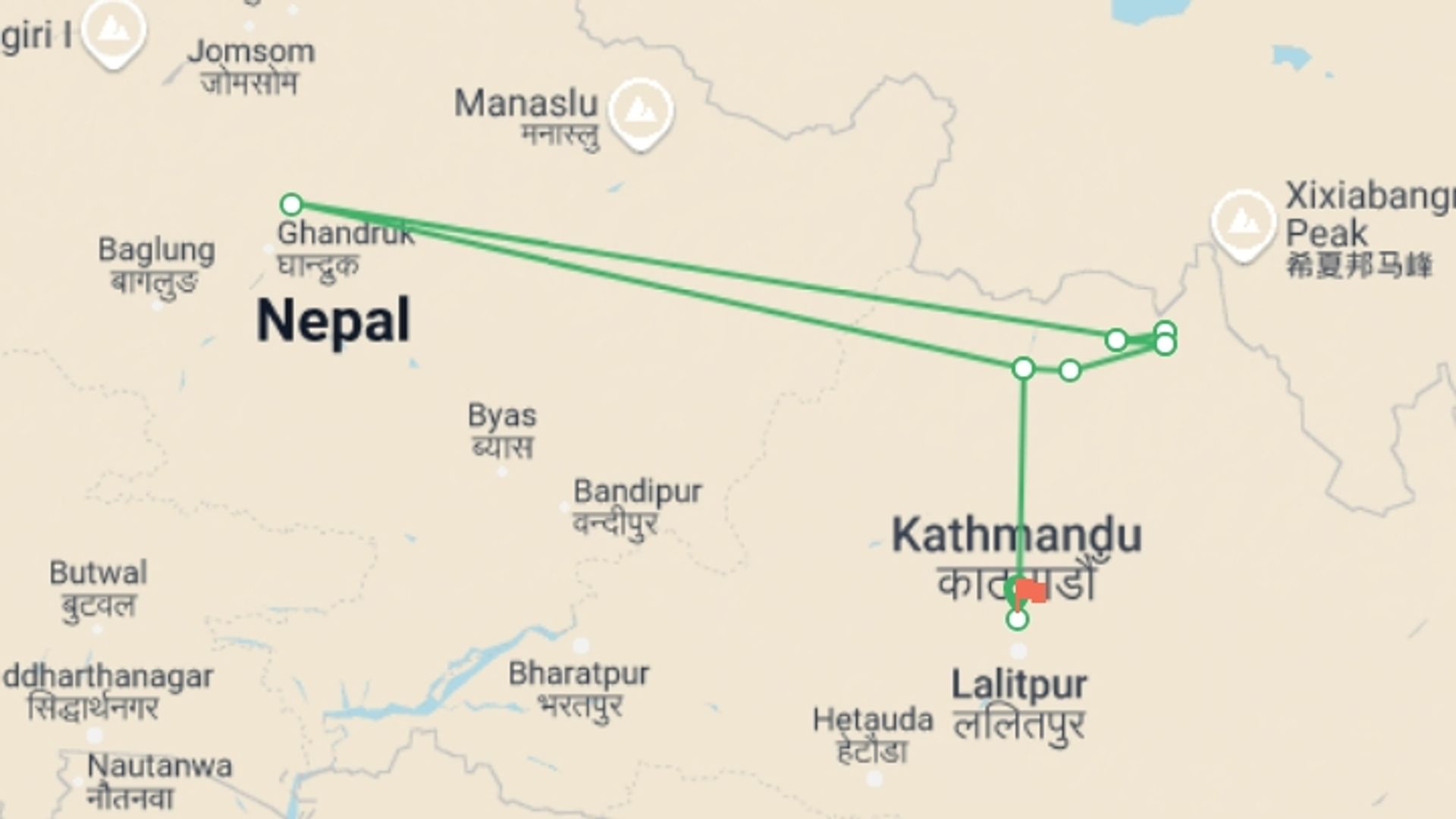 A map showing the tour itinerary for the trip: Yala Peak climbing , starting in Kathmandu, Nepal and ending in Kathmandu, Nepal going through 7 other destinations.