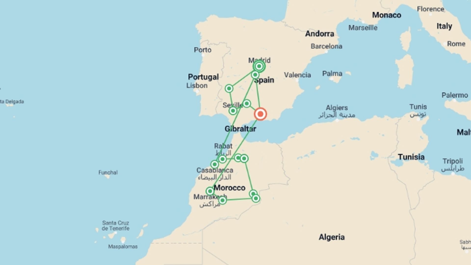 A map showing the tour itinerary for the trip: Amazing Spain and Morocco, starting in Madrid, Spain and ending in Granada, Spain going through 6 other destinations.