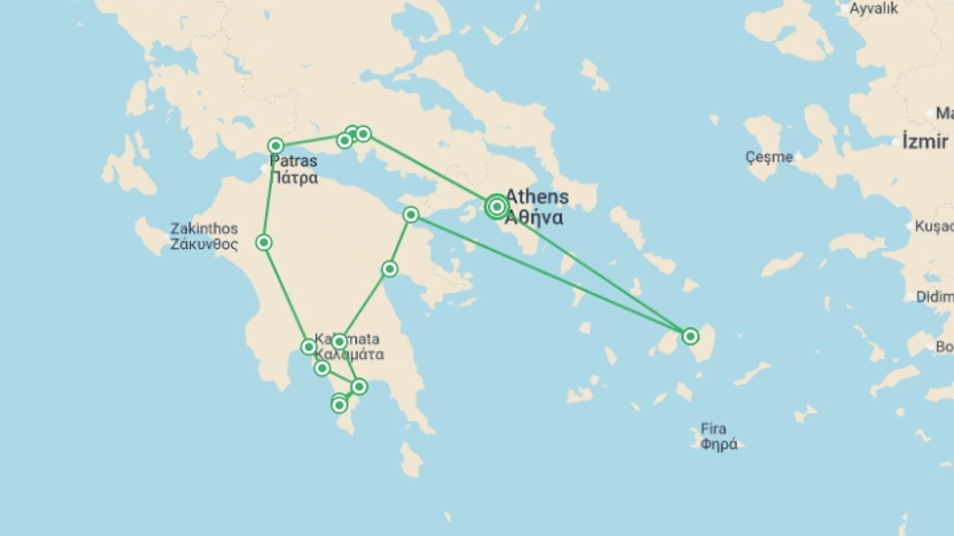 A map showing the tour itinerary for the trip: Greece: Legends and Landscapes, starting in Athens, Greece and ending in Athens, Greece going through 5 other destinations.