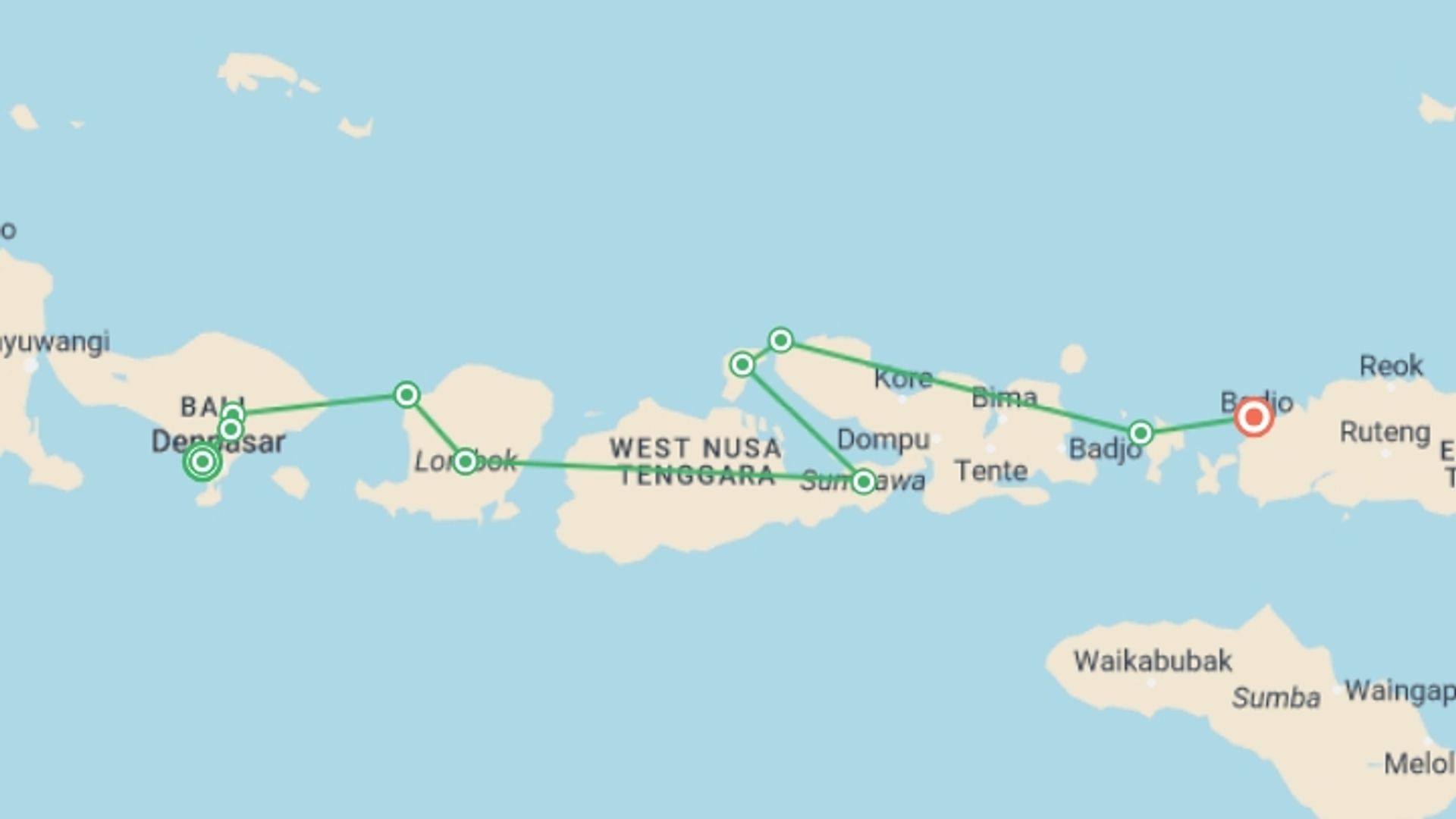 A map showing the tour itinerary for the trip: Bali & Beyond, starting in Canggu, Indonesia and ending in Labuan Bajo, Indonesia going through 8 other destinations.