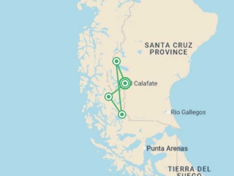 Map of Argentina and Chile Tour with 6 destination visits for the trip: Patagonia Adventure