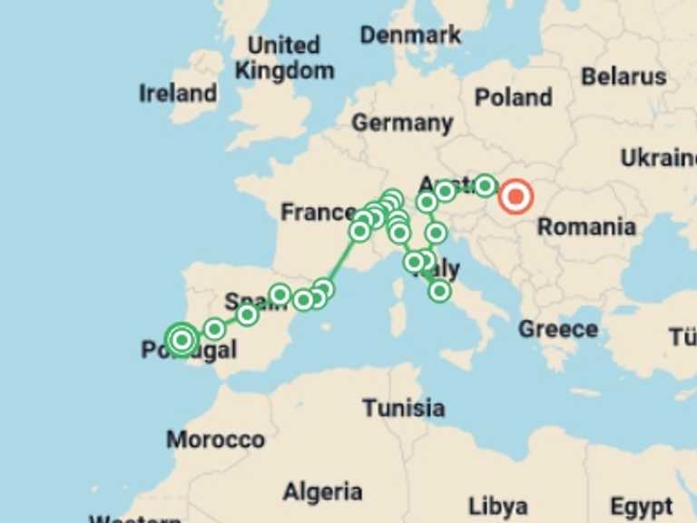 Map of Europe Tour with 14 destination visits for the trip: Europe from West to East end Budapest
