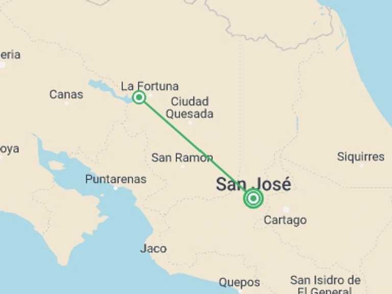 Map of San Jose Rafting Tour with 2 destination visits for the trip: Costa Rican Adventure
