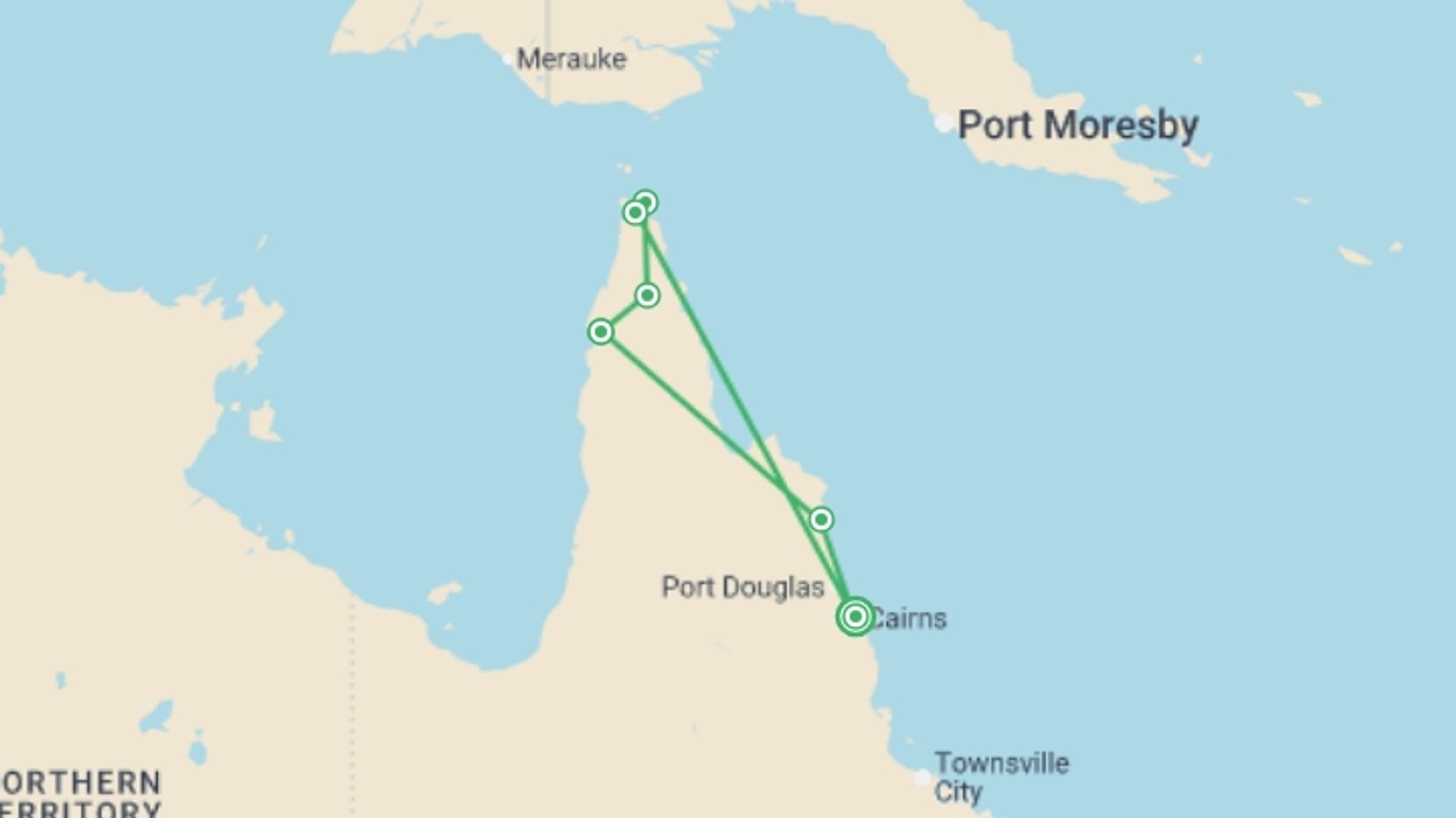 A map showing the tour itinerary for the trip: Cape York Frontier, starting in Cairns, Australia and ending in Cairns, Australia going through 5 other destinations.