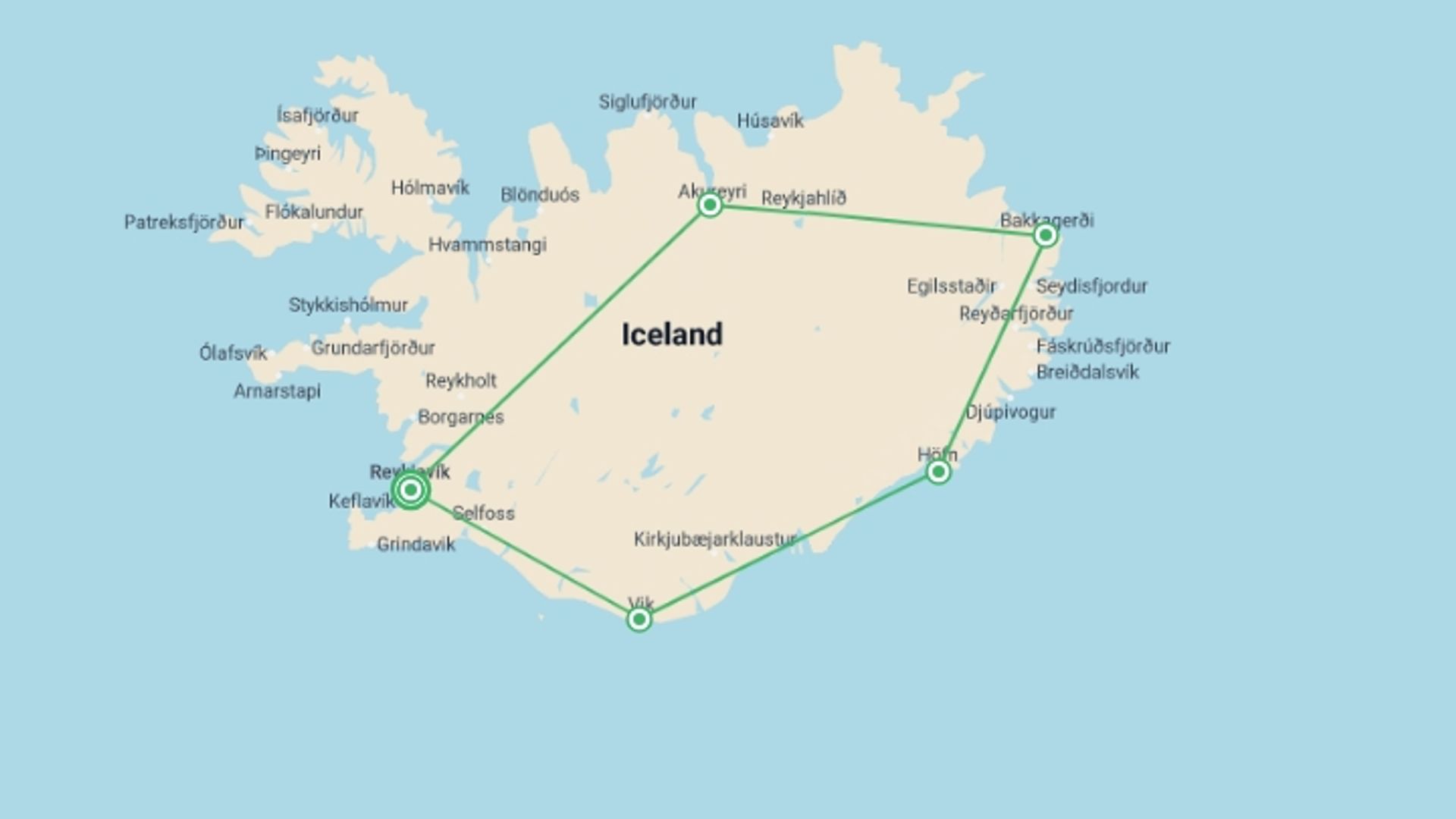 A map showing the tour itinerary for the trip: Best of Iceland, starting in Reykjavik, Iceland and ending in Reykjavik, Iceland going through 5 other destinations.
