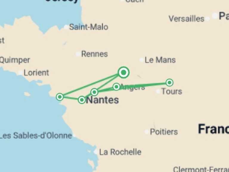 Map itinerary of Mediterranean Tour in July 2026 with 5 destination visits for the trip: Family Club - The Loire Valley, a Royal legacy (port-to-port cruise)