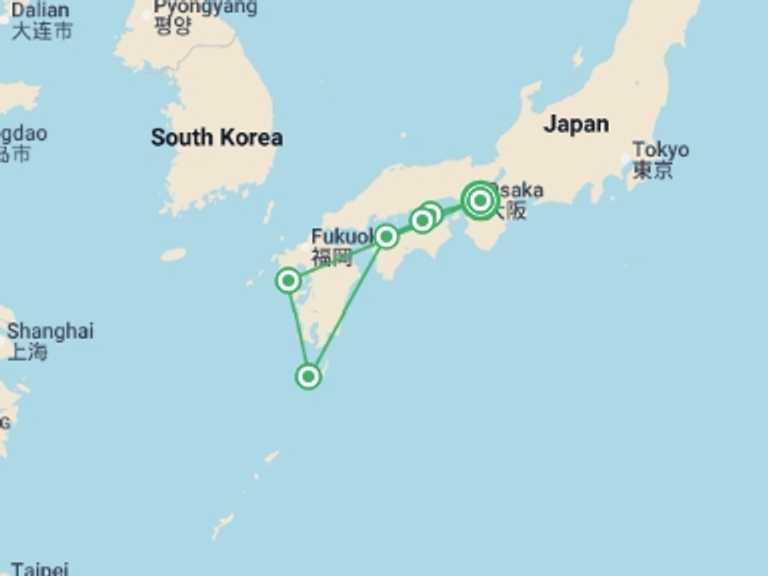 Map of East Asia Tour with 6 destination visits for the trip: Southern Japan Experience