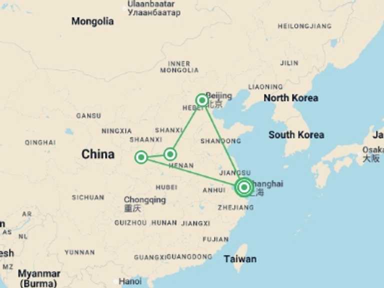 Map of China Tour with 4 destination visits for the trip: Shanghai & The Silk Road - 11 days
