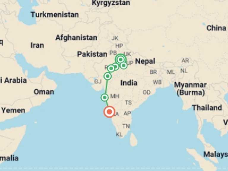 Map itinerary of New Delhi Tour in April 2027 with 7 destination visits for the trip: Delhi to Goa