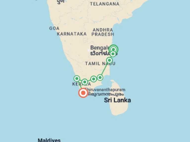 Map of Asia Tour with 7 destination visits for the trip: Classic South India